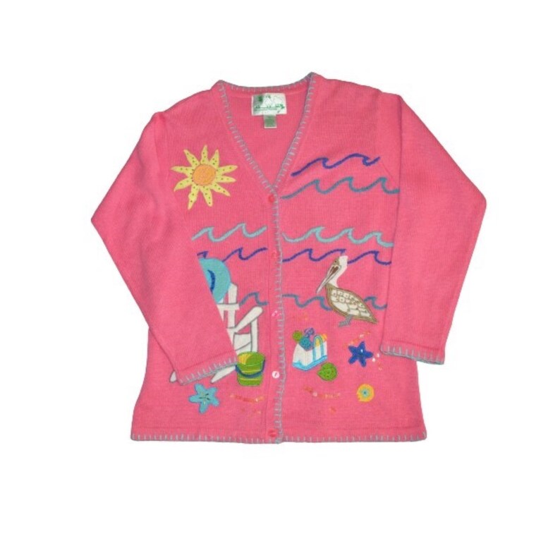 Quacker Factory QVC HSN Beach Summer Sequin Bright Pink Cardigan