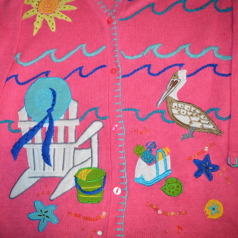 Quacker Factory QVC HSN Beach Summer Sequin Bright Pink Cardigan