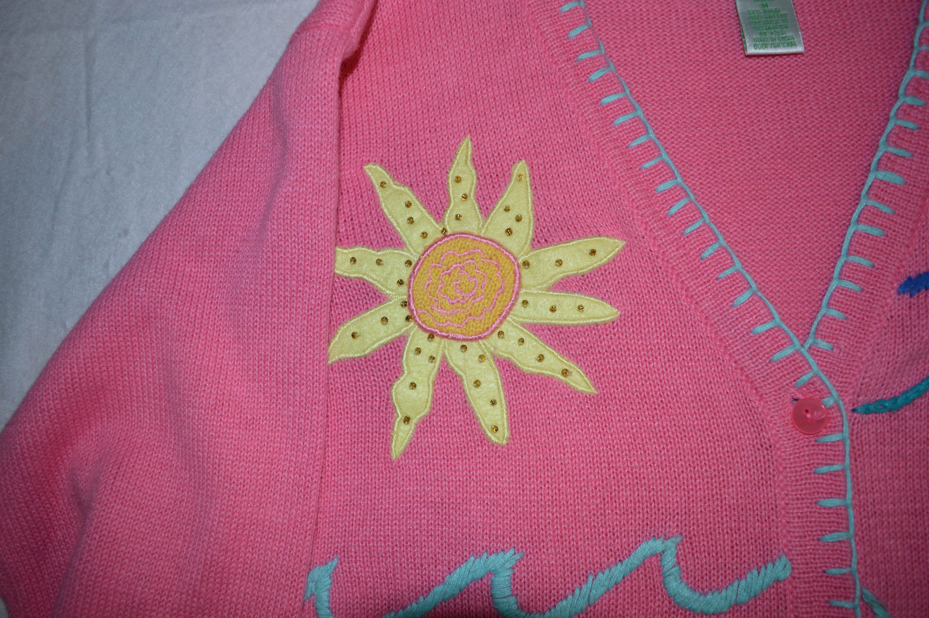 Quacker Factory QVC HSN Beach Summer Sequin Bright Pink Cardigan