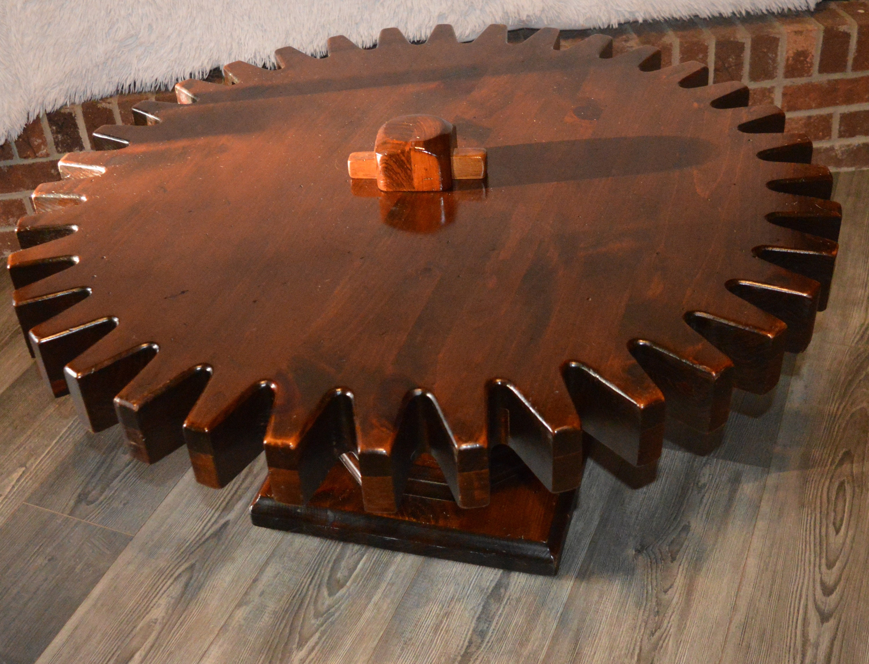 Vintage 1970s Ethan Allen Gear Cog Wheel Spinning Coffee Table Antiqued