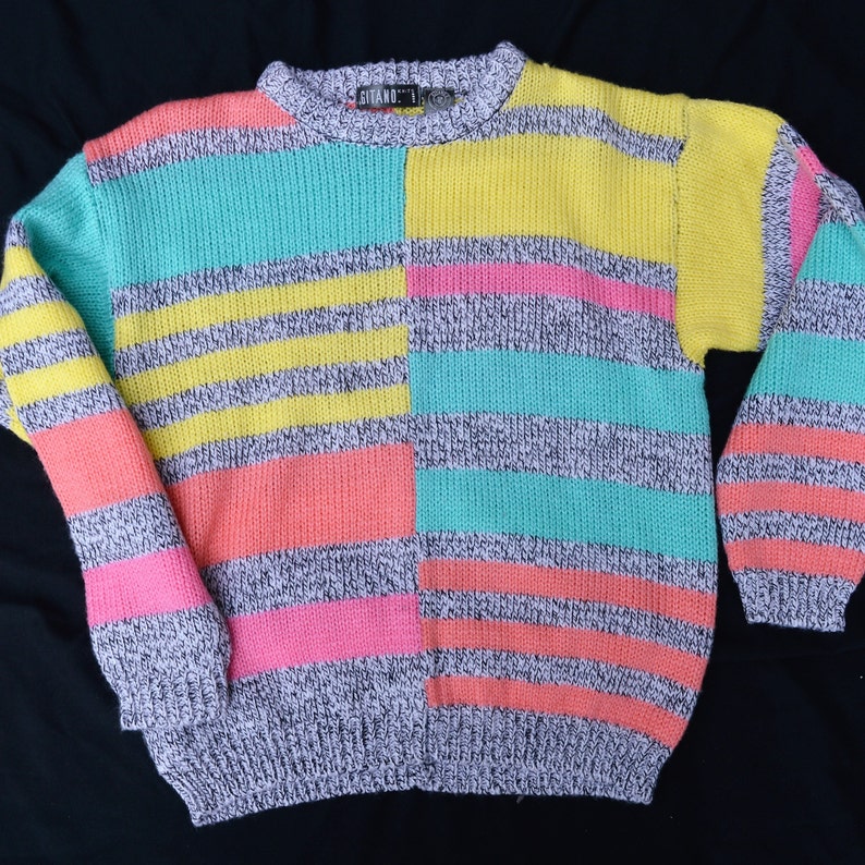 1980s Gitano Knit Color Block Pastel Marbled Over-sized Sweater