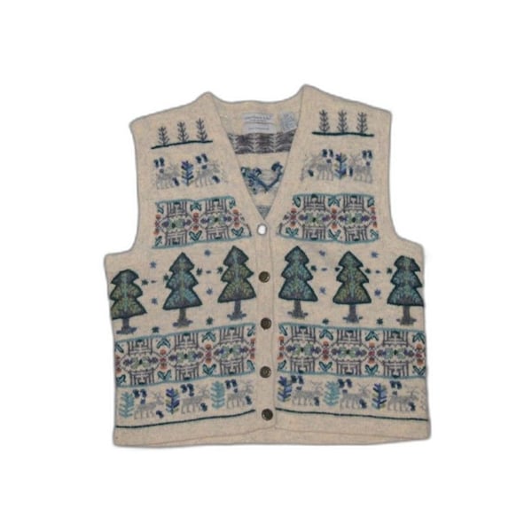 Vintage Northern Isles Hand Embroidered 100% Wool Tree Cardigan Sweater Vest L