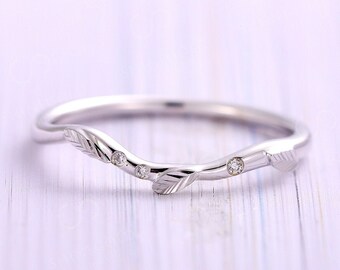 Delicate Moissanite Wedding Band,White Gold Band,Nature-Inspired Leaf Band,Unique Matching Stacking Ring,Minimalist Chevron Promise Ring