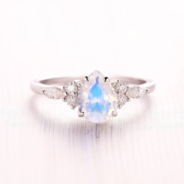 Vintage Moonstone Engagement Ring, Art deco White Gold Diamond/Moissanite Wedding Ring, Unique Pear Cut Bridal Ring, Promise Anniversary
