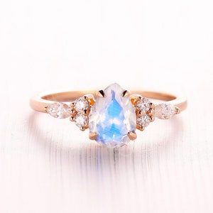 Vintage moonstone Engagement Ring Art deco ring Rose Gold Diamond Moissanite Wedding Ring Unique Pear engagement ring Anniversary ring