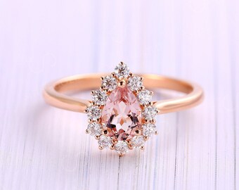 Vintage Pink Morganite Engagement Ring, Art deco Pear Cut Rose Gold Wedding Ring, Unique Halo Moissanite Bridal Ring, Promise Anniversary