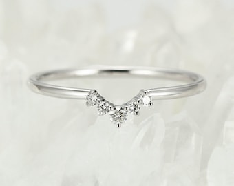Curved wedding band White Gold band Unique chevron band Diamond ring Delicate Bridal band ring Stacking unique Matching band Anniversary