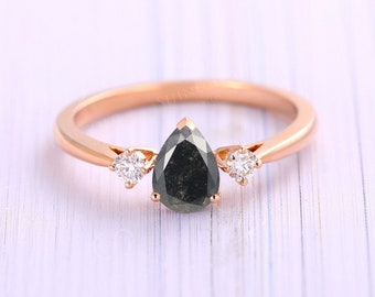 Salt and Pepper Diamond ring engagement ring Pear cut ring rose gold Art deco diamond ring Prong set Moissanite ring Anniversary ring