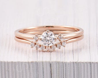 Vintage Moissanite Bridal set Art deco round cut engagement ring set Rose gold promise ring unique curved wedding band anniversary ring