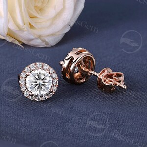 Vintage Round Cut Cubic Zirconia Stud Earrings Dainty Halo Wedding Earrings Rose Gold Moissanite Earrings Delicate Sterling Silver Earrings