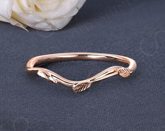 Vintage Rose Gold Wedding Band Simple Unique Leaf Dainty Curved Art Deco Bridal Stacking Ring Unique Matching Band Anniversary Promise Ring