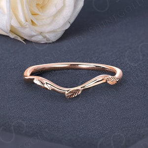 Vintage Rose Gold Wedding Band Simple Unique Leaf Dainty Curved Art Deco Bridal Stacking Ring Unique Matching Band Anniversary Promise Ring