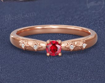 Vintage Star Ruby Engagement Ring | Romantic 14K Rose Gold Moissanite Wedding Ring | Antique Celestial Promise Ring for Her | BlessGem
