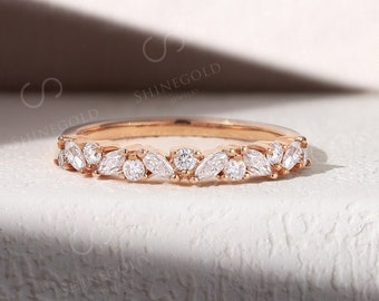 Vintage Diamond Moissanite Wedding Band Unique dainty Rose Gold Round and Marquise cut Art deco Stacking Delicate Anniversary wedding ring