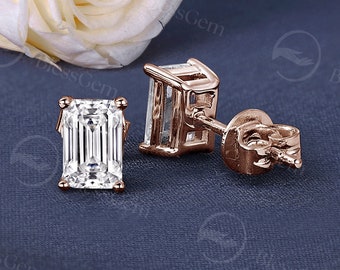 Delicate Emerald Cut Cubic Zirconia Stud Earrings Pretty Rose Gold Earrings Simple Sterling Silver Earrings Moissanite Anniversary Earrings