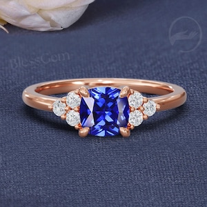 Cushion Shape Sapphire Engagement Ring | Cluster Royal Blue Moissanite Wedding Ring | Rose Gold Dainty Promise Ring for Women by BlessGem