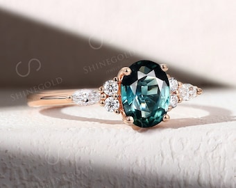 Vintage teal sapphire engagement ring Rose gold ring Oval green sapphire engagement ring cluster Moissanite Diamond ring Anniversary ring