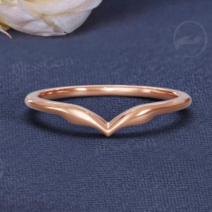 Chevron Plain Gold Stacking Ring | Rose Gold Minimalist Curved Wedding Band | Dainty Leaf V Shaped Matching Ring by BlessGem