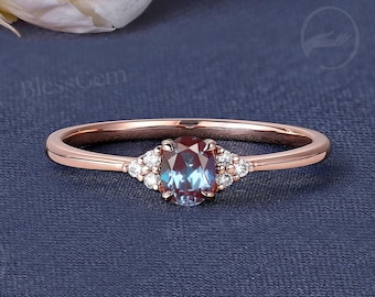 ヴィンテージアレキサンドライトエンゲージリング、ユニークなローズゴールドリング、アールデコオーバルカットリング、モアッサナイト結婚指輪、女性のためのプロミスアニバーサリーリング
