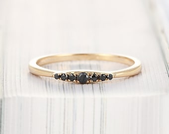 Vintage Black Diamond Wedding Band | Art Deco Rose Gold Wedding Ring | Antique Round Cut Bridal Ring | Anniversary Promise Ring for Women