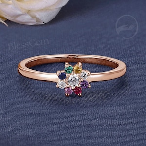 Bunter Blumen Moissanit Ring | Halo Regenbogen Edelstein Rosegold Versprechen Ring | Zierliches Blumen Geburtstagsgeschenk für Sie | Von BlessGem
