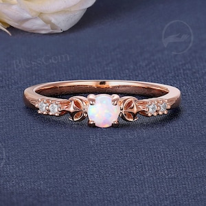 Moon & Star Opal Engagement Ring | Dainty 18K Rose Gold Moissanite Wedding Band | Minimalist Anniversary Promise Ring | By BlessGem