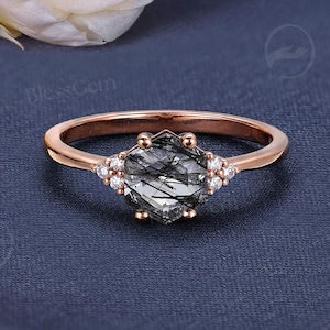Vintage Black Rutilated Quartz Engagement Ring,Art Deco Yellow Gold Ring,Hexagon Cut Ring,Unique Moissanite Ring,Anniversary Promise Ring