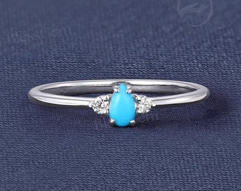 Vintage Turquoise Engagement Ring,Unique White Gold Ring,Pear Shaped Three Stone Wedding Band,Art Deco Bridal Ring,Anniversary Promise Ring