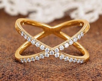 Criss Cross Moissanite Ring by BlessGem • Yellow Gold • Crossover X Shaped • Gift for Her