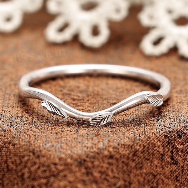 Leaf Curved Wedding Band by BlessGem • White Gold • Nature Inspired • Gift for Her