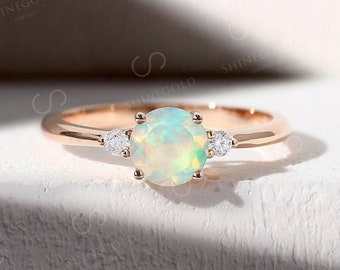 Vintage Round Opal Engagement Ring Rose Gold Wedding Ring Unique Three Stones Ring Bridal Art deco Moissanite Anniversary Promise Ring