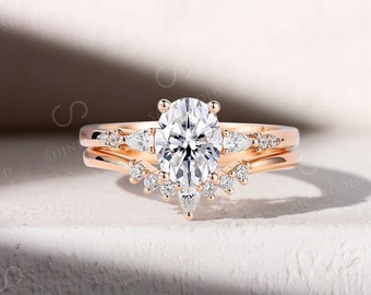 Oval cut moissanite engagement ring set rose gold ring classical pear cut ring V shape curved wedding band anniversary promise bridal set