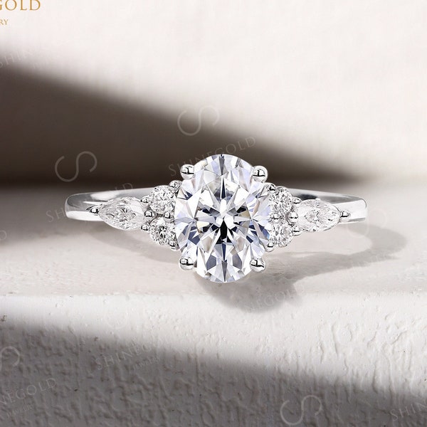 Charles & Colvard Moissanite engagement ring white gold Vintage oval cut Forever One Moissanite diamond ring anniversary prong set ring