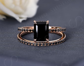 Black onyx engagement ring Rose gold art deco ring Vintage emerald cut ring Black diamond wedding band Antique Stacking ring Bridal ring set