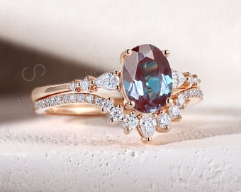 Vintage Oval Alexandrite Engagement Ring Set,  Rose Gold Moissanite Bridal Ring,Prong Set Wedding Ring, Antique Anniversary Promise Ring Set