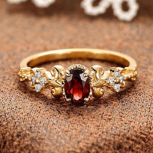 Floral Garnet Engagement Ring by BlessGem • Yellow Gold • Victorian Style • Gift for Her