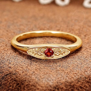Engraved Garnet Engagement Ring by BlessGem • Yellow Gold • Floral Carved • Gift for Her