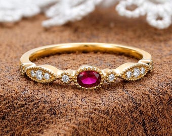 Ruby Milgrain Engagement Ring by BlessGem • Yellow Gold • Vintage Style • Gift for Her
