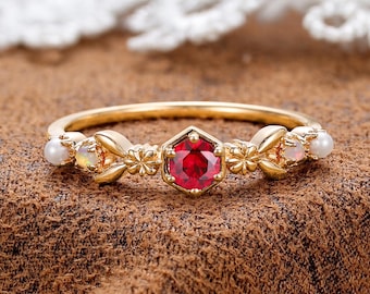 Leaf Ruby Engagement Ring by BlessGem • Yellow Gold • Victorian Style • Gift for Her