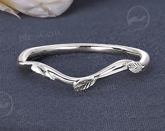 Vintage Curved Wedding Band White Gold Engagement Band Unique Band Simple Leaf Bridal Band Stacking Band Unique Matching Band Anniversary