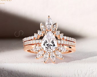 Pear cut moissanite engagement ring set rose gold art deco cluster bridal set matching curved band art deco unique anniversary bridal set