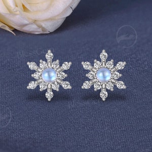 Moonstone & Moissanite Snowflake Earrings | White Gold Winter New Year Jewelry | Elegant Christmas Holiday Gift for Women - By BlessGem