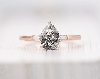 Black Rutilated Quartz engagement ring Art deco ring rose gold ring Vintage Diamond ring Unique Moissanite Anniversary ring Prong set ring