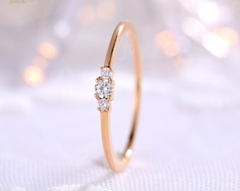 Rose gold wedding band Diamond Simple engagement ring Dainty Three stone Anniversary ring Delicate Minimalist bridal promise ring for her