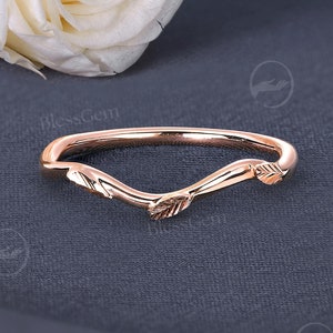 Vintage Rose Gold Wedding Band Simple Unique Leaf Dainty Curved Art Deco Bridal Stacking Ring Unique Matching Band Anniversary Promise Ring