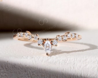 Vintage Diamond Moissanite Curved Wedding Band Unique Marquise Rose Gold Bridal Art deco Stacking Band Delicate Anniversary Matching Band