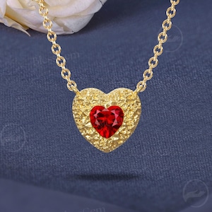 Vintage Ruby Heart Necklace | Gold Plated Hammered Pendant for Women | Romantic Girlfriend Valentine&#39;s Day Gift | By BlessGem