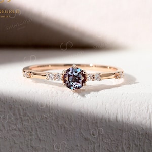 Art deco Alexandrite Ring, Vintage Rose Gold Round Cut Wedding Ring, Antique Diamond Bridal Ring, Dainty Promise Anniversary Delicate Ring