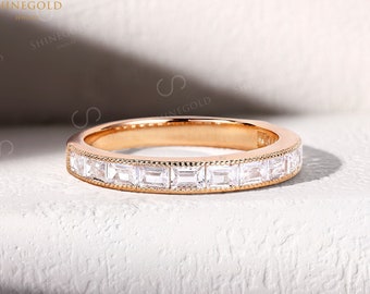 Art deco Baguette Moissanite wedding band Rose gold ring Half eternity band Unique White gold ring CZ ring Anniversary bridal band