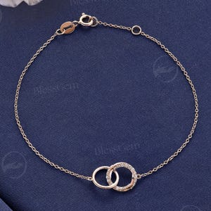 Moissanite Interlocking Circles Bracelet | Rose Gold Dainty Double Ring Chain | Minimalist Love Jewelry | Valentine&#39;s Day Gift by BlessGem